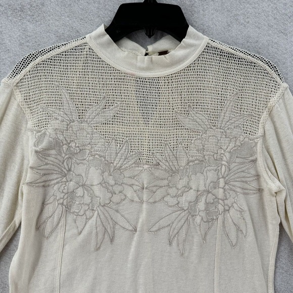 Free People‎ Primrose Top Womens SMALL Cream Ivory Mesh Floral Applique - Picture 4 of 14